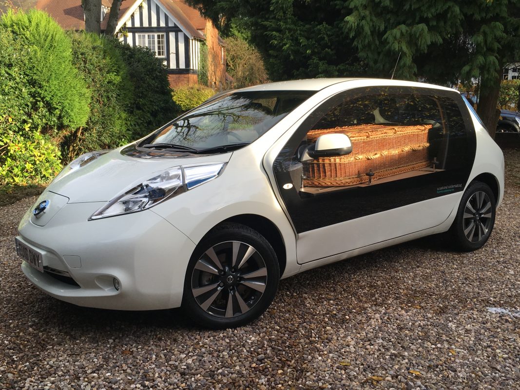 A Natural Undertaking's white converted Nissan Leaf eco-hearse